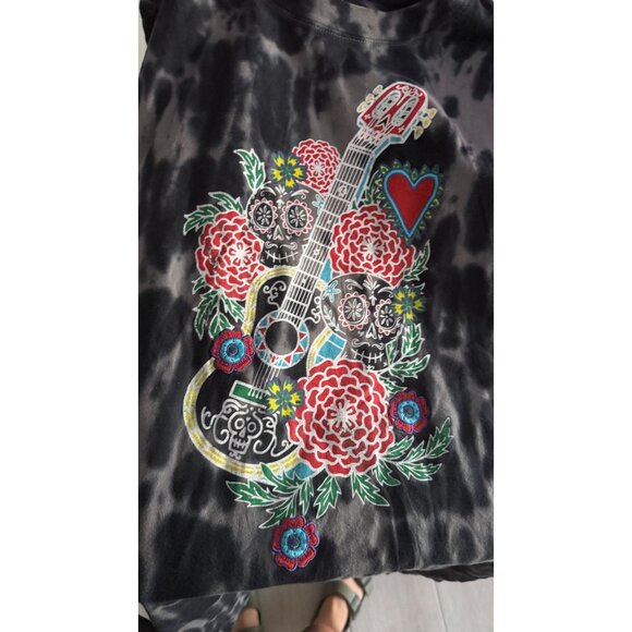 DISNEY Coco Gray Guitar Floral Tie Dye Midi Short Sleeve Dress Size Medium - Picture 2 of 10